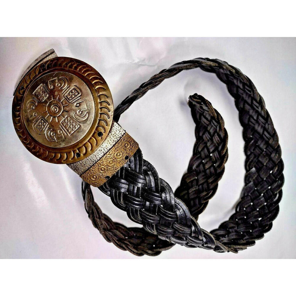 Vintage Belt Sturdy Black Leather Tribal Calendar Buckle Interwoven Size 32 Med